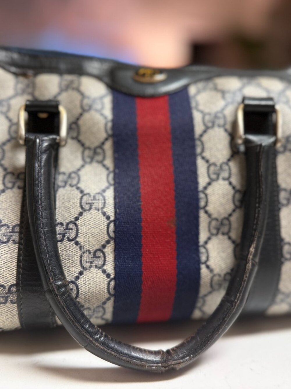 Vintage Gucci GG Monogram Boston Bag | Navy Web Stripe | 39.02.006